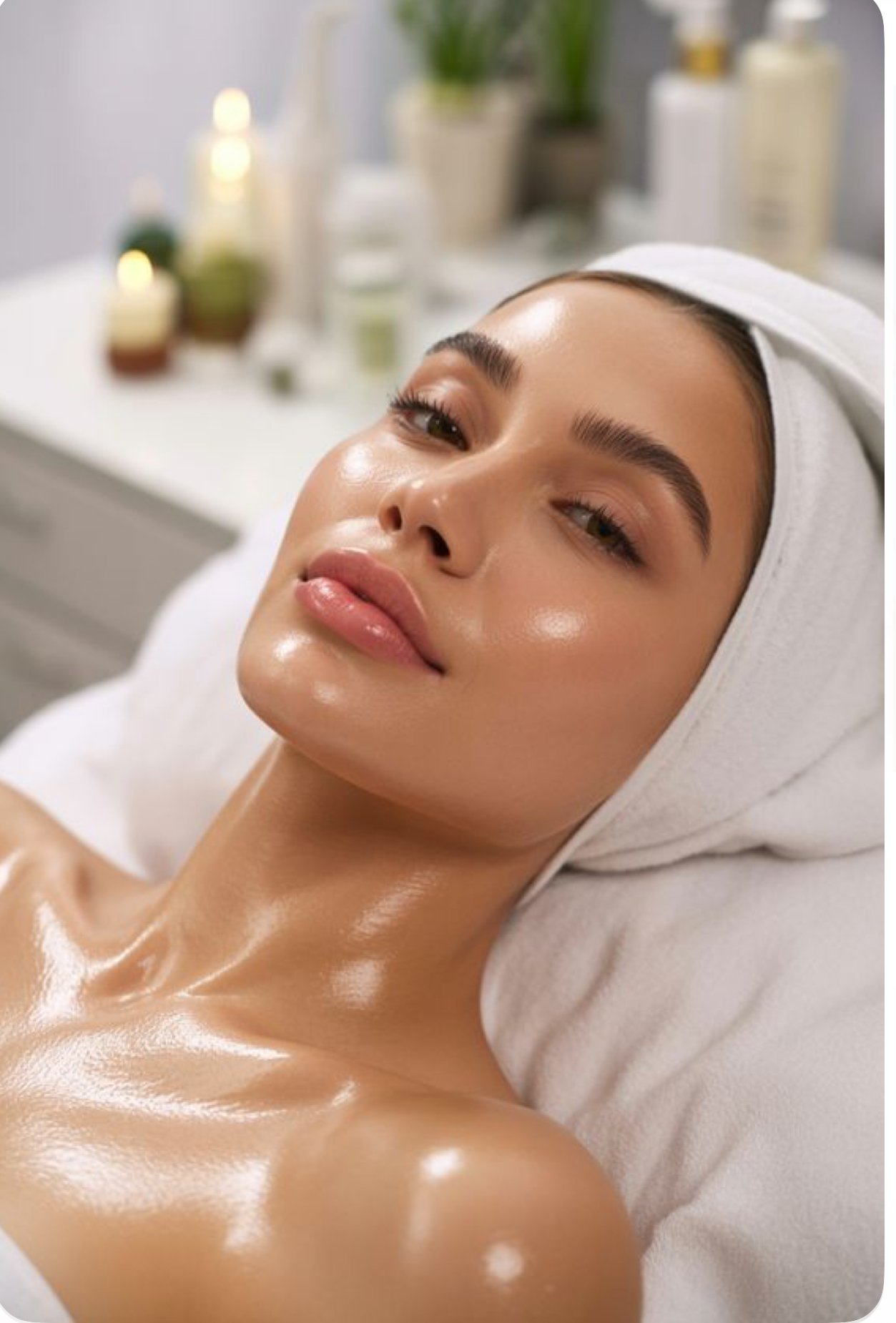 Close-up of a woman lying on a treatment bed with a towel wrapped around her head, receiving a facial treatment in a spa or skincare clinic, with skincare products blurred in the background.