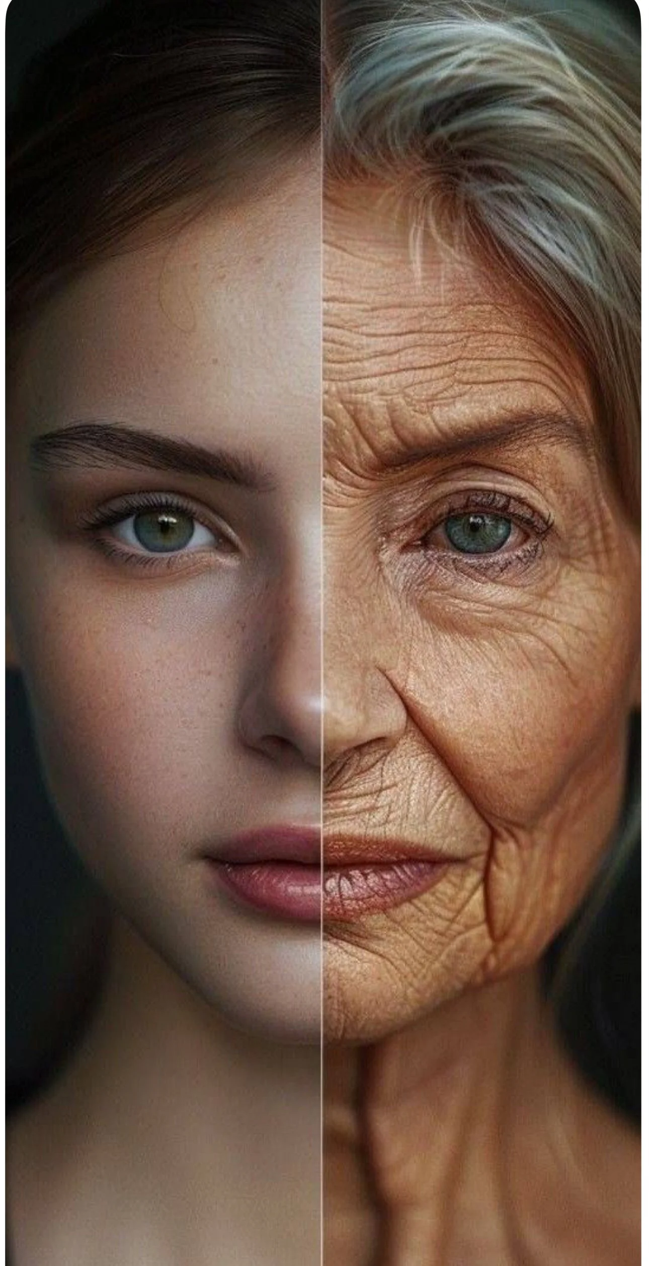 Half of a young woman with smooth skin and the other half of an elderly woman with wrinkled skin, both with blue eyes and similar hair color.
