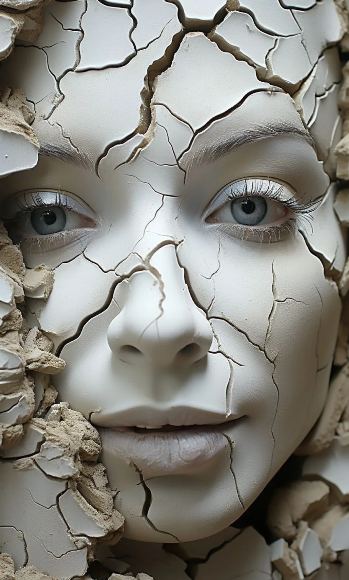 A broken sculpture face with realistic eyes and detailed features surrounded by cracked pieces of clay or ceramic.