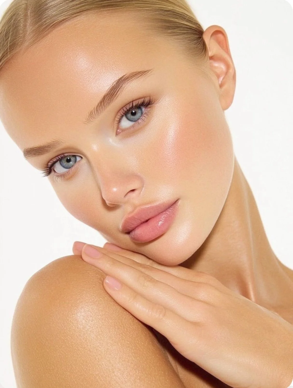 Close-up of a woman with flawless skin, blonde hair, blue eyes, and natural makeup, looking at the camera with her hand resting on her shoulder.