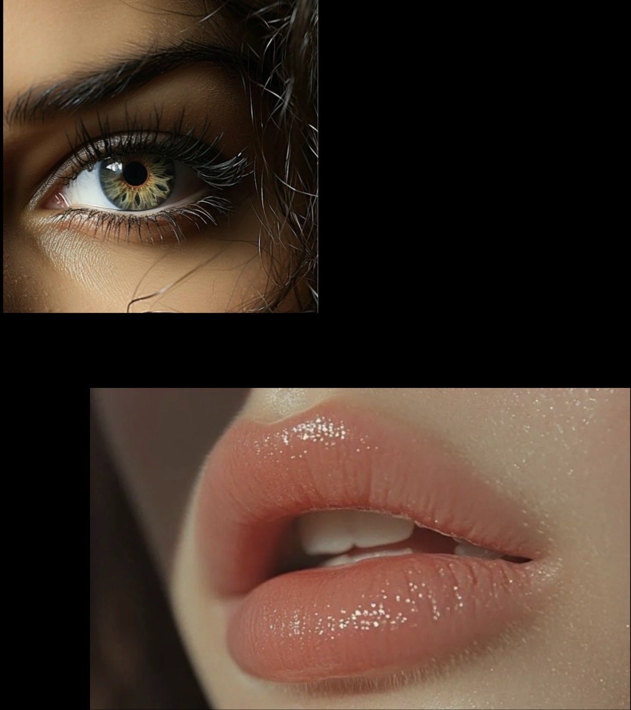 Close-up of a human eye with blue iris and long eyelashes, and close-up of lips with light pink lipstick and subtle shimmer.