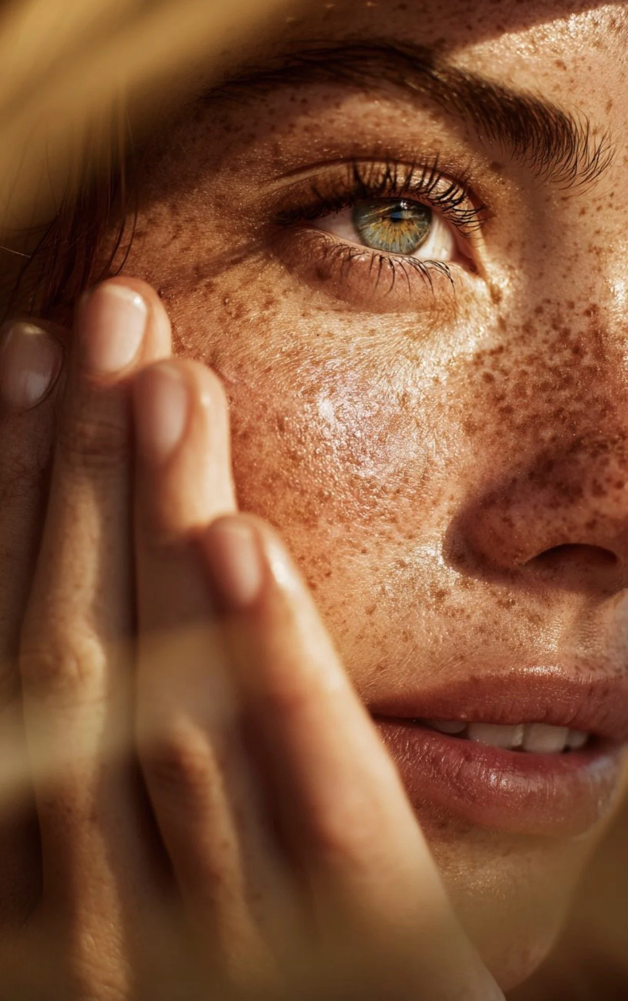 Close-up of a person's eye with freckles, looking to the side, with fingers touching their face.