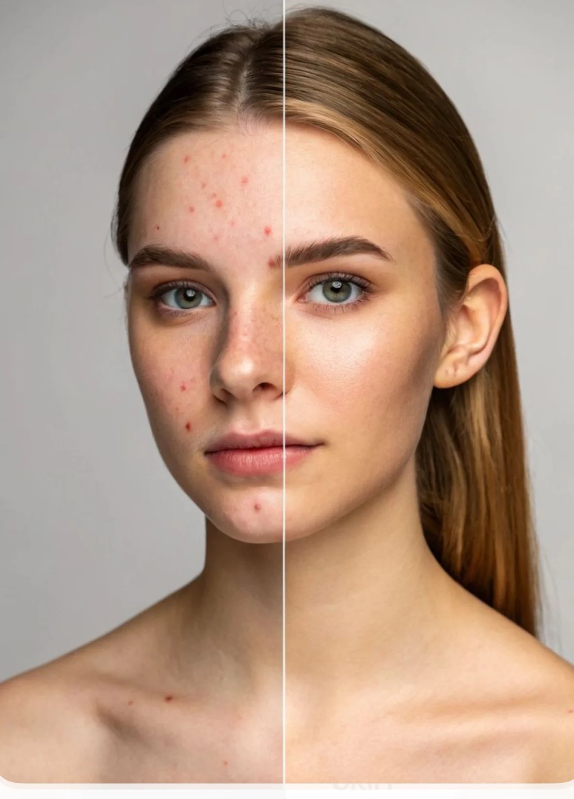 A woman with clear skin on the right side of her face and acne on the left side of her face.