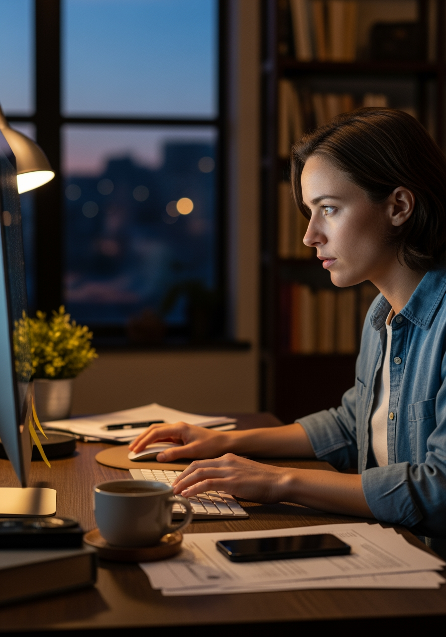 A woman working at her desk during dusk, illuminated by a desk lamp, with a coffee mug, papers, a smartphone, and a computer on her desk, in a room with bookshelves and a window showing a cityscape.