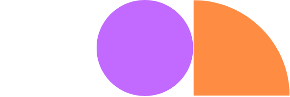 Graphic with a white quarter circle, a purple circle, and an orange semicircle on a black background.