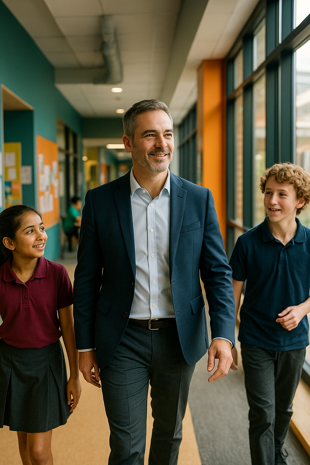 A smiling man in a blue suit walks down a school corridor with two children, a girl and a boy, both smiling, near large windows.