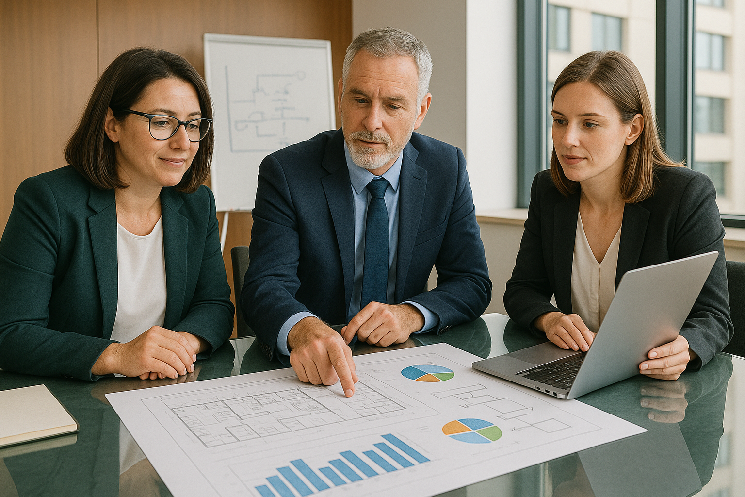 Three professionals in business attire having a meeting with architectural plans and charts on a table in a modern office.