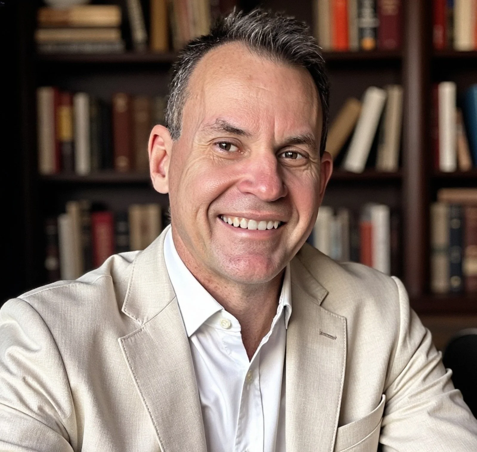A smiling man in a beige suit jacket and white shirt sitting in a room with a bookshelf filled with books in the background.