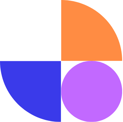 A colorful pie chart divided into four sections with black borders, orange, purple, blue, and pink colors.