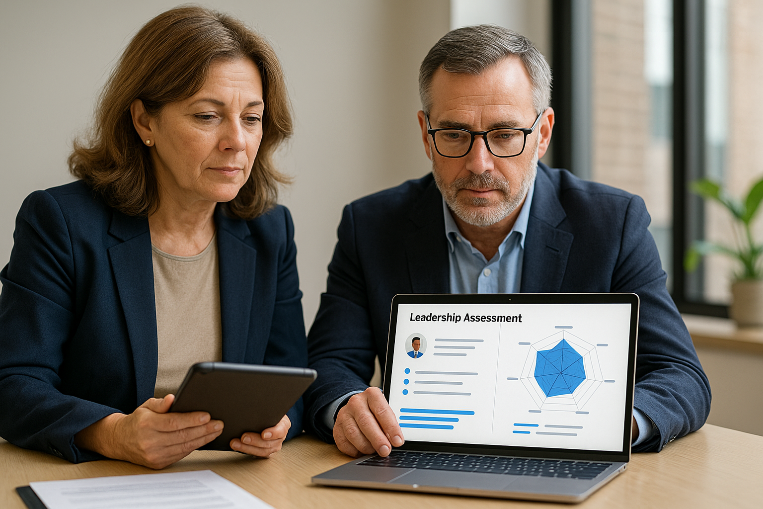 Two professionals, a woman and a man, sitting at a table with a laptop showing a leadership assessment chart, and a tablet, in a modern office.