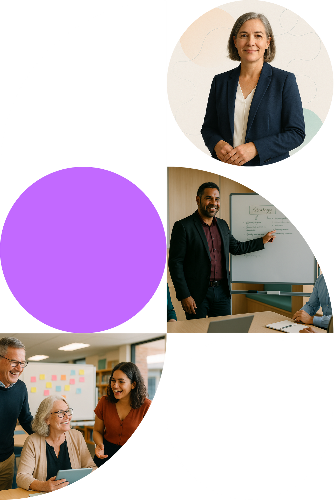 Collage of three professionals and a team meeting. The top woman in a navy blazer smiles, the middle man in a suit points to a whiteboard labeled 'Strategy', and the bottom group of diverse colleagues discuss around a tablet in a modern office.