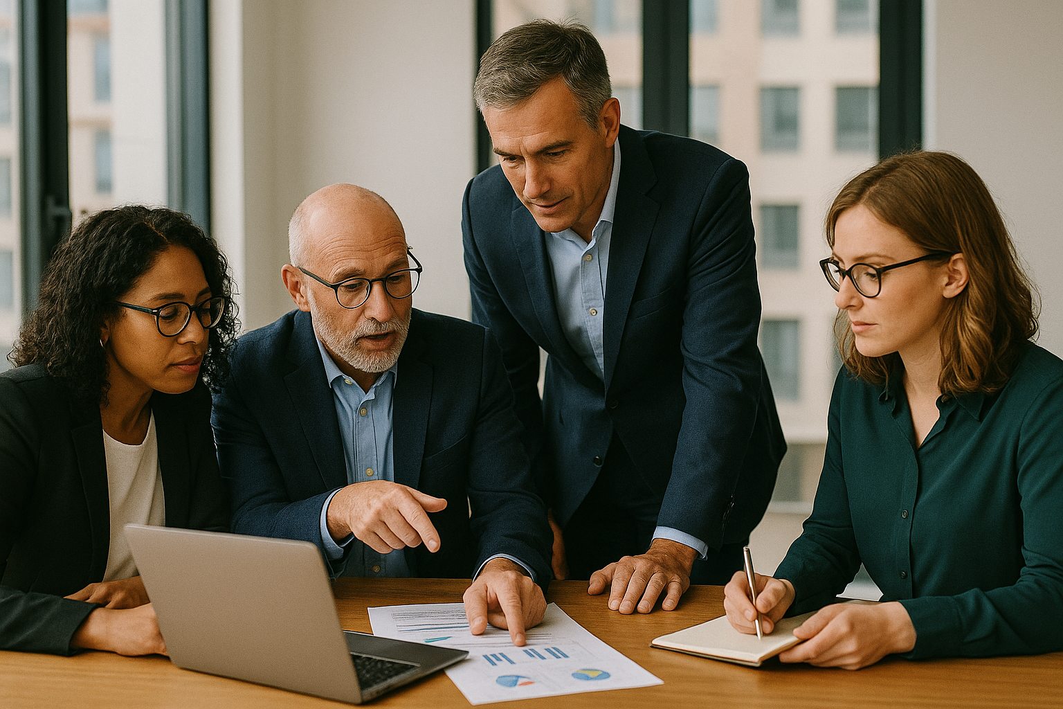 Four business professionals, two men and two women, gathered around a table looking at financial charts on a paper and laptop screen, during a discussion in a modern office with large windows.