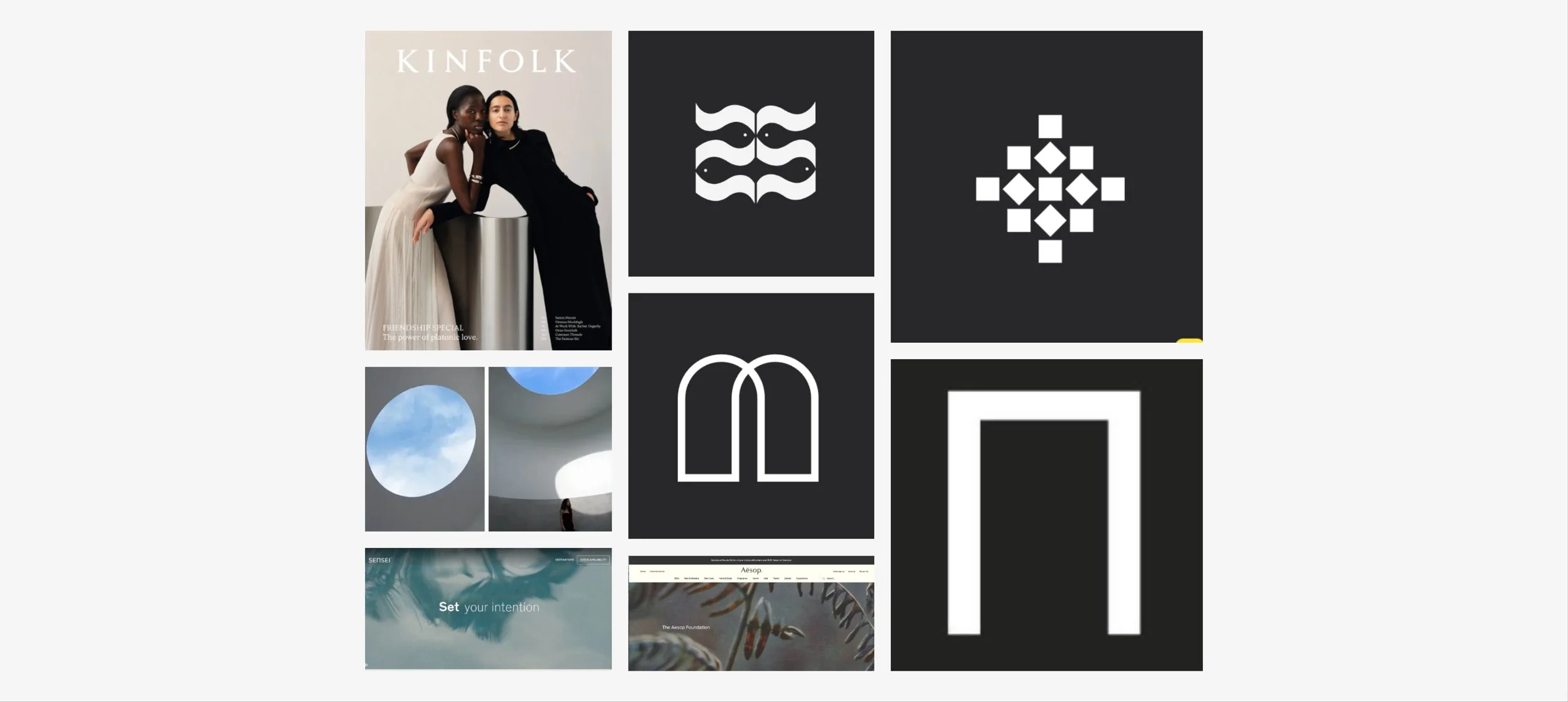 Moodboard of visual references, including photography, abstract forms, and graphic symbols used for creative direction.
