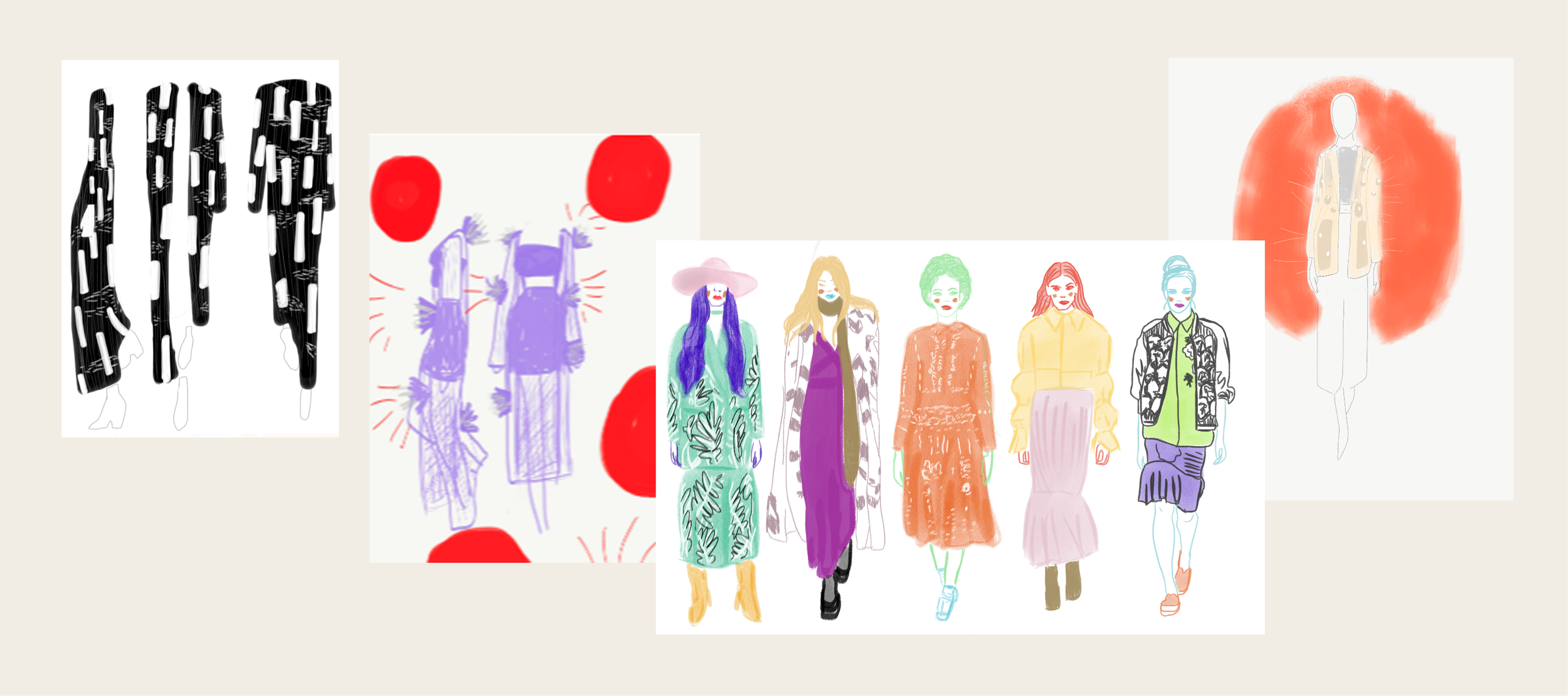 Collection of hand-drawn and digital fashion illustrations in varied colors and styles, arranged as a visual series.