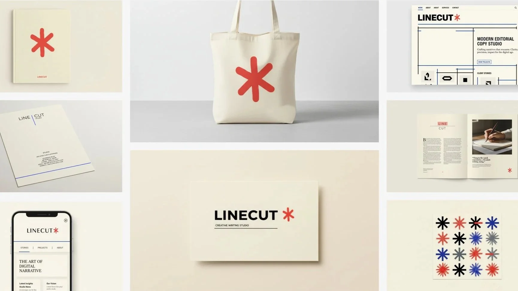 Selection of brand identity assets, including a logo mark, tote bag, stationery, and digital interface layouts.