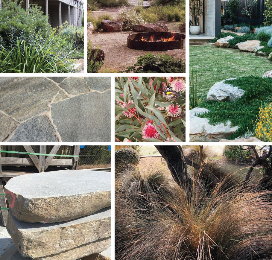 Collage of xeriscape landscape elements including drought-tolerant plants, stone pathways, a fire pit, large decorative rocks, and ornamental grasses.