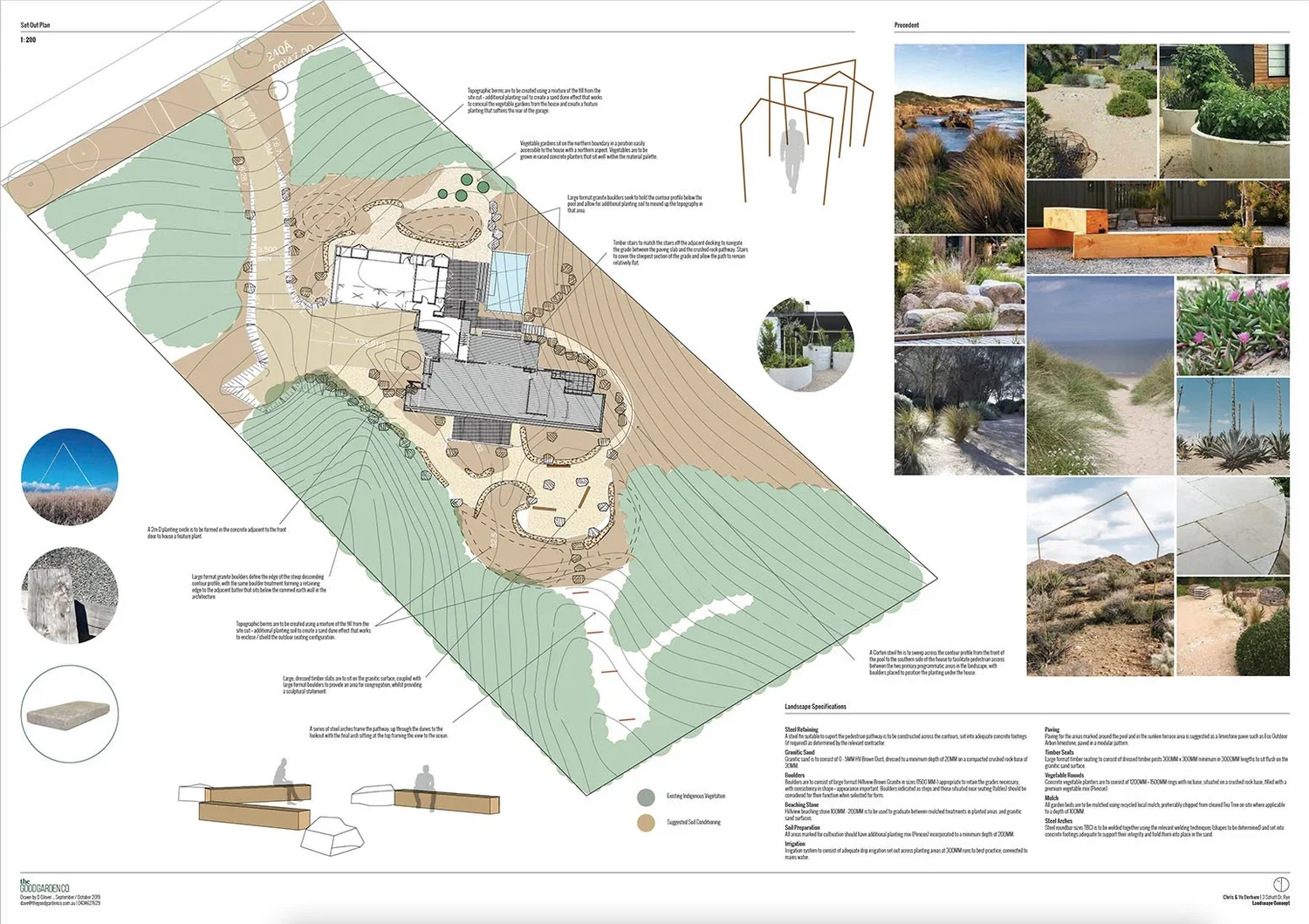 Landscape architecture plan showing layout of a residential property with native plants, seating areas, a pool, and natural features, accompanied by photographic references of plants and landscape details.