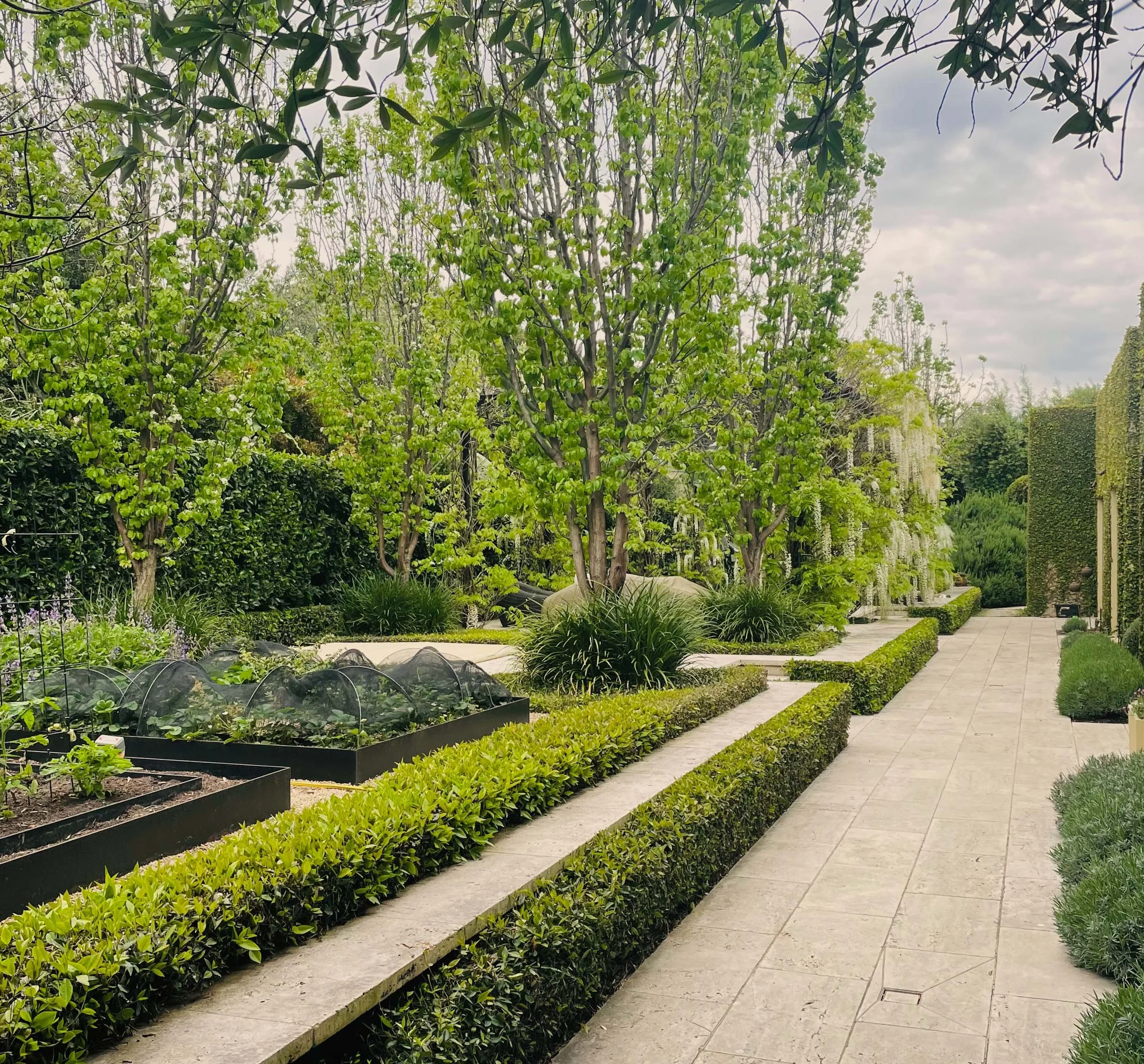 A garden with a stone pathway, lush green trees, trimmed bushes, and raised vegetable beds covered with small mesh tunnels.