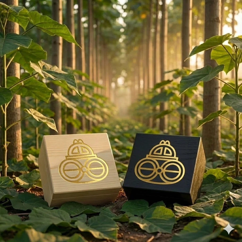 Two boxes with gold emblems on a forest floor surrounded by green leafy plants, with trees extending into the distance and sunlight filtering through.