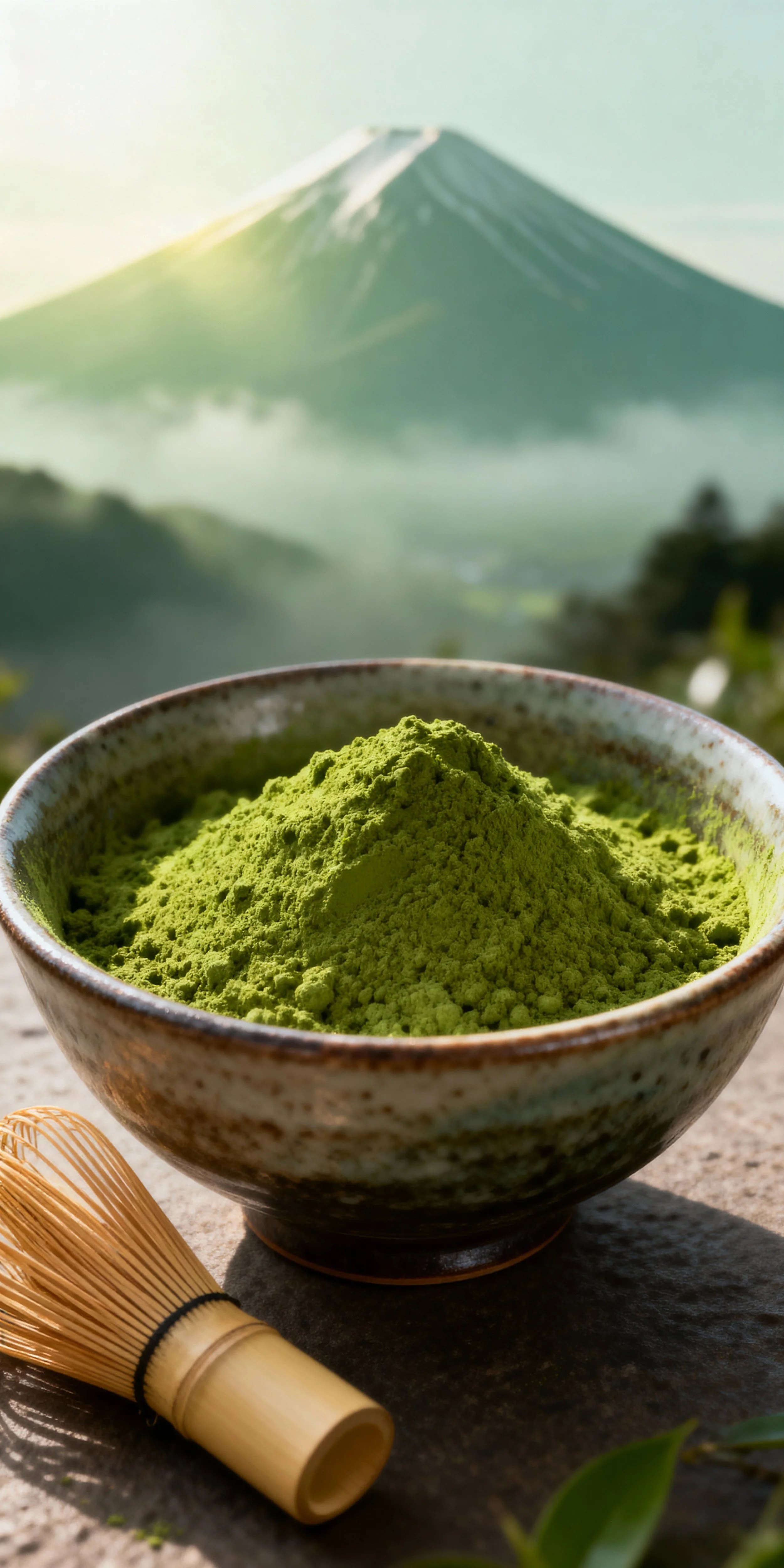 A bowl of green matcha powder with a tea whisk in front, with Mount Fuji in the background.