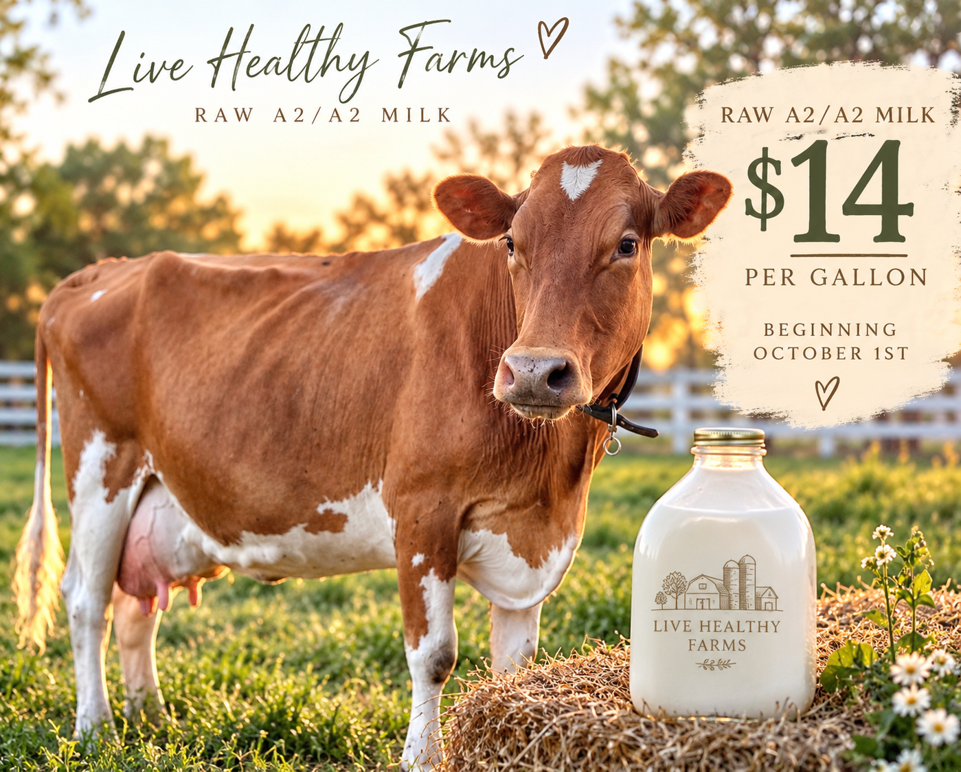 A gallon jug of raw milk from a farm, labeled 'Live Healthy Farms,' with illustrations of cows and details about its natural ingredients like chocolate, honey, and carrot, sitting on a kitchen countertop. raw milk Live Healthy Farms - Hot Springs, AR