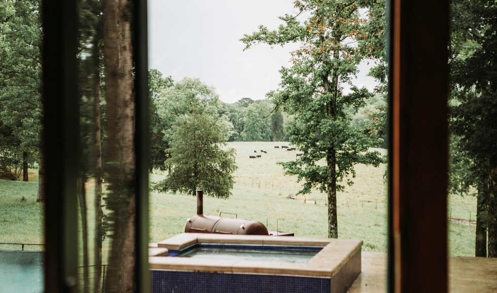 View through a window of a backyard with trees, a grassy field, and cattle in the distance, with an outdoor hot tub in the foreground.
