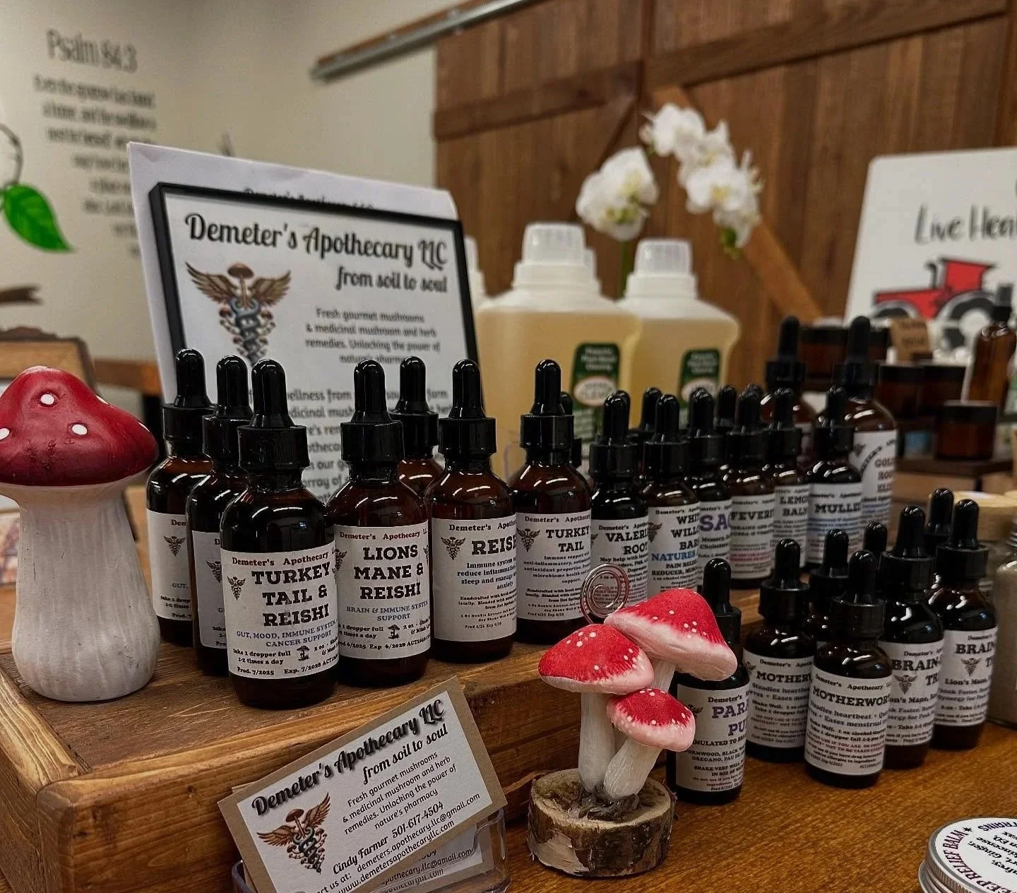 Display of herbal remedy bottles labeled 'Demeter's Apothecary LLC' on a wooden table, with ceramic mushroom decorations, white orchids in the background, and informational signs about products. Live Healthy Farms - Hot Springs, AR