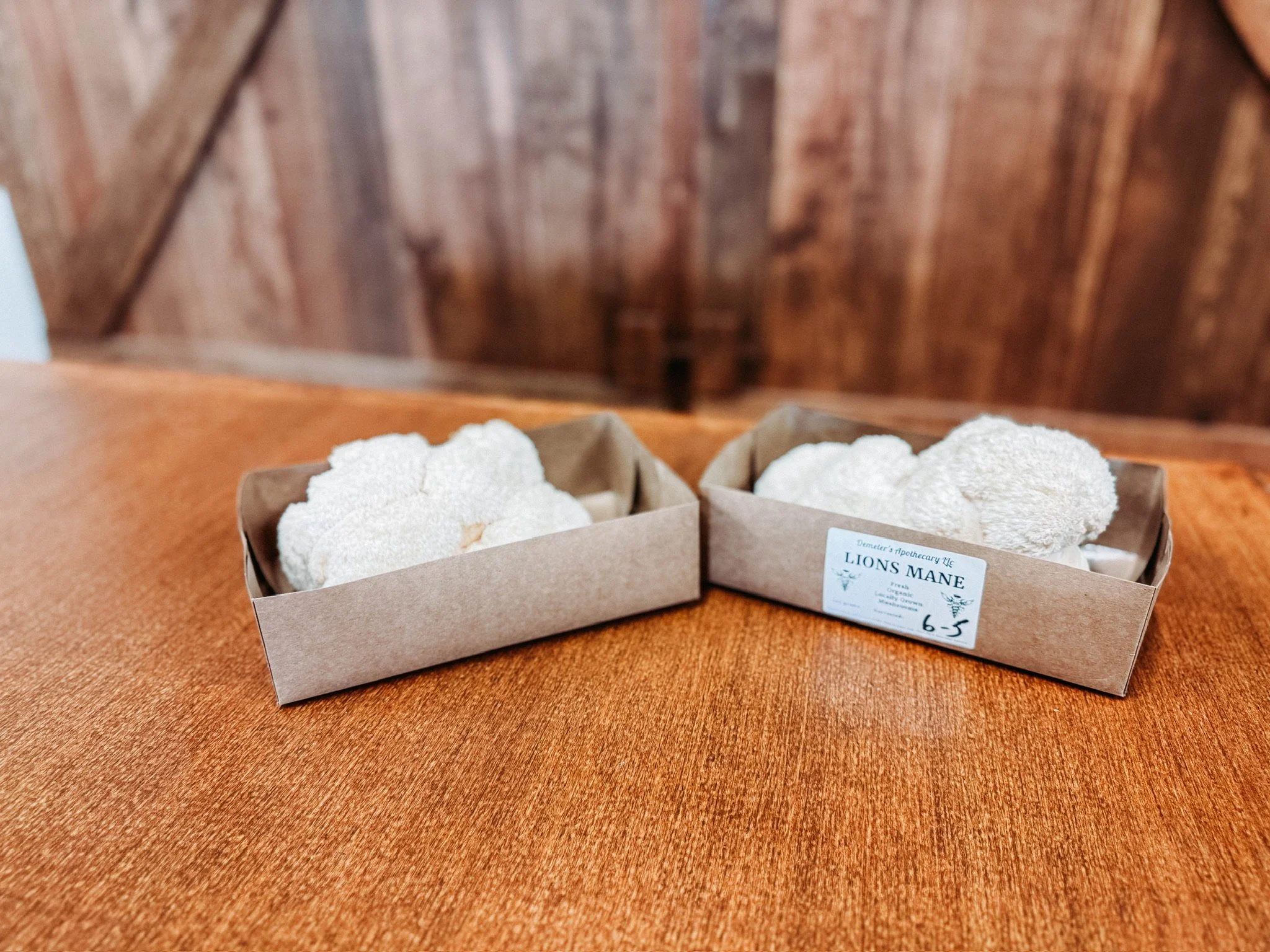 Two cardboard boxes containing white, fuzzy objects on a wooden surface with a wooden wall in the background.