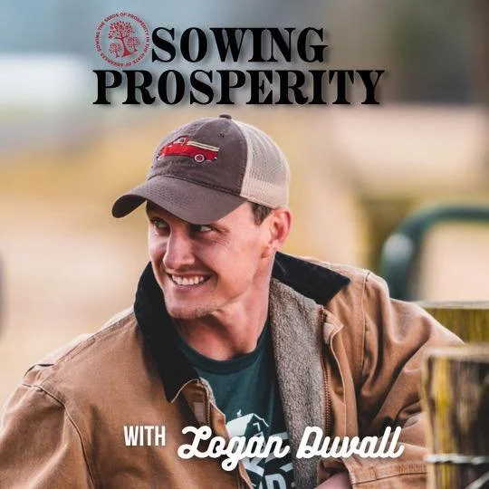 Book cover titled "Sowing Prosperity" featuring a smiling man wearing a baseball cap and a brown jacket, with the author's name Logan Duvall.