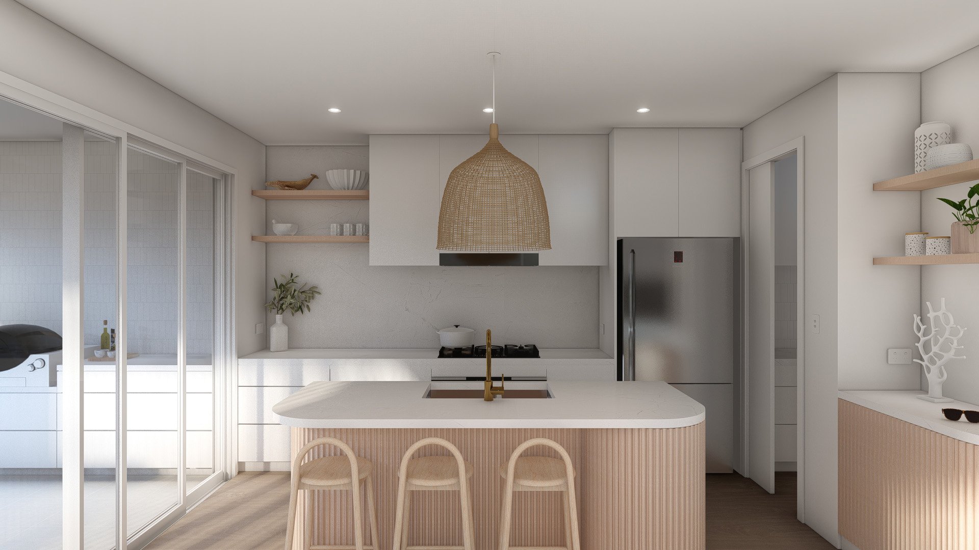 Modern kitchen with white cabinets, a white countertop island with beige bar stools, a gold faucet, a hanging woven lampshade, stainless steel refrigerator, open wooden shelves with decorative items, and a sliding glass door leading to a laundry area