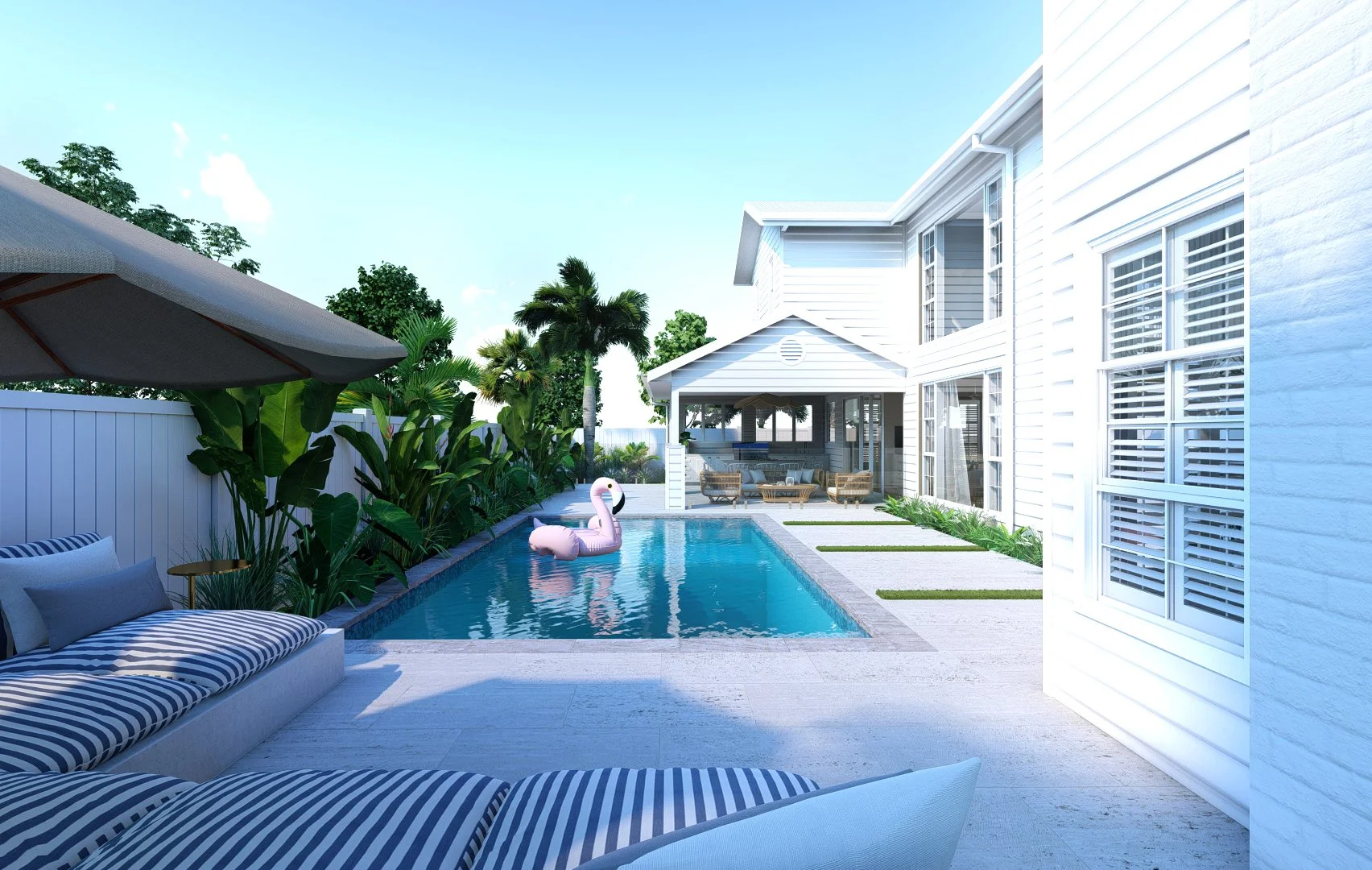 A backyard with a swimming pool, a pink flamingo float, patio furniture, an umbrella, lush green plants, and a white house with large windows and shutters.