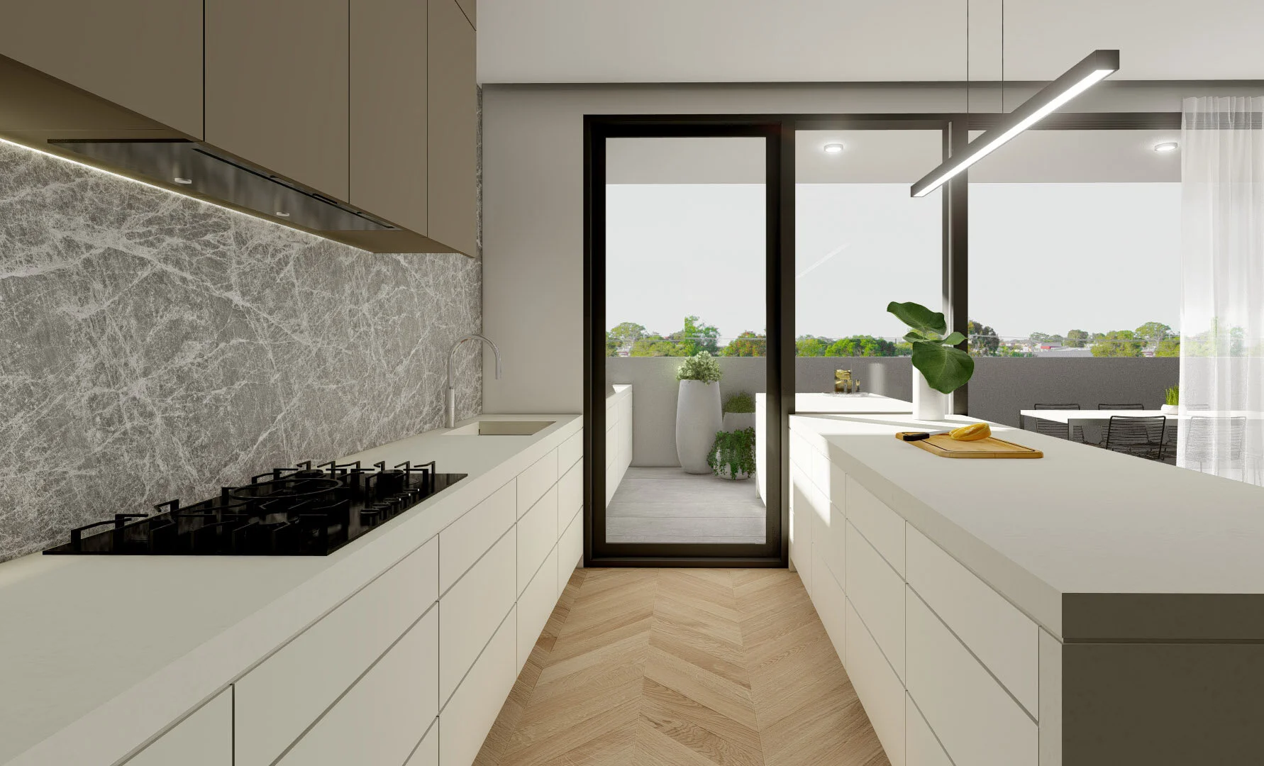 Modern kitchen with white countertops, a gas stove, a marble backsplash, and a sliding glass door leading to a balcony with greenery outside.