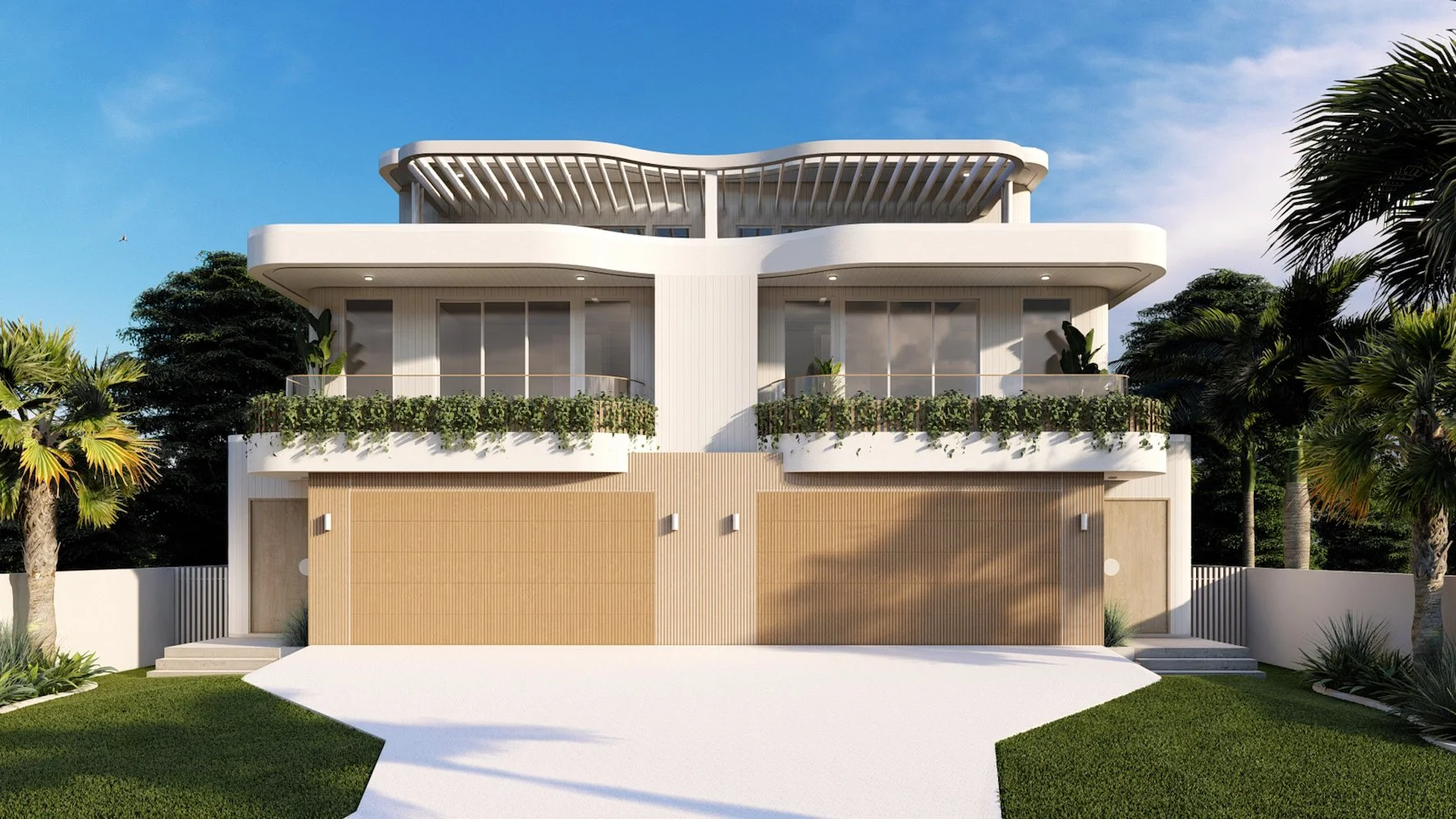 Modern white and wood-finished multi-story house with curved balconies, surrounded by palm trees and greenery, under a blue sky.