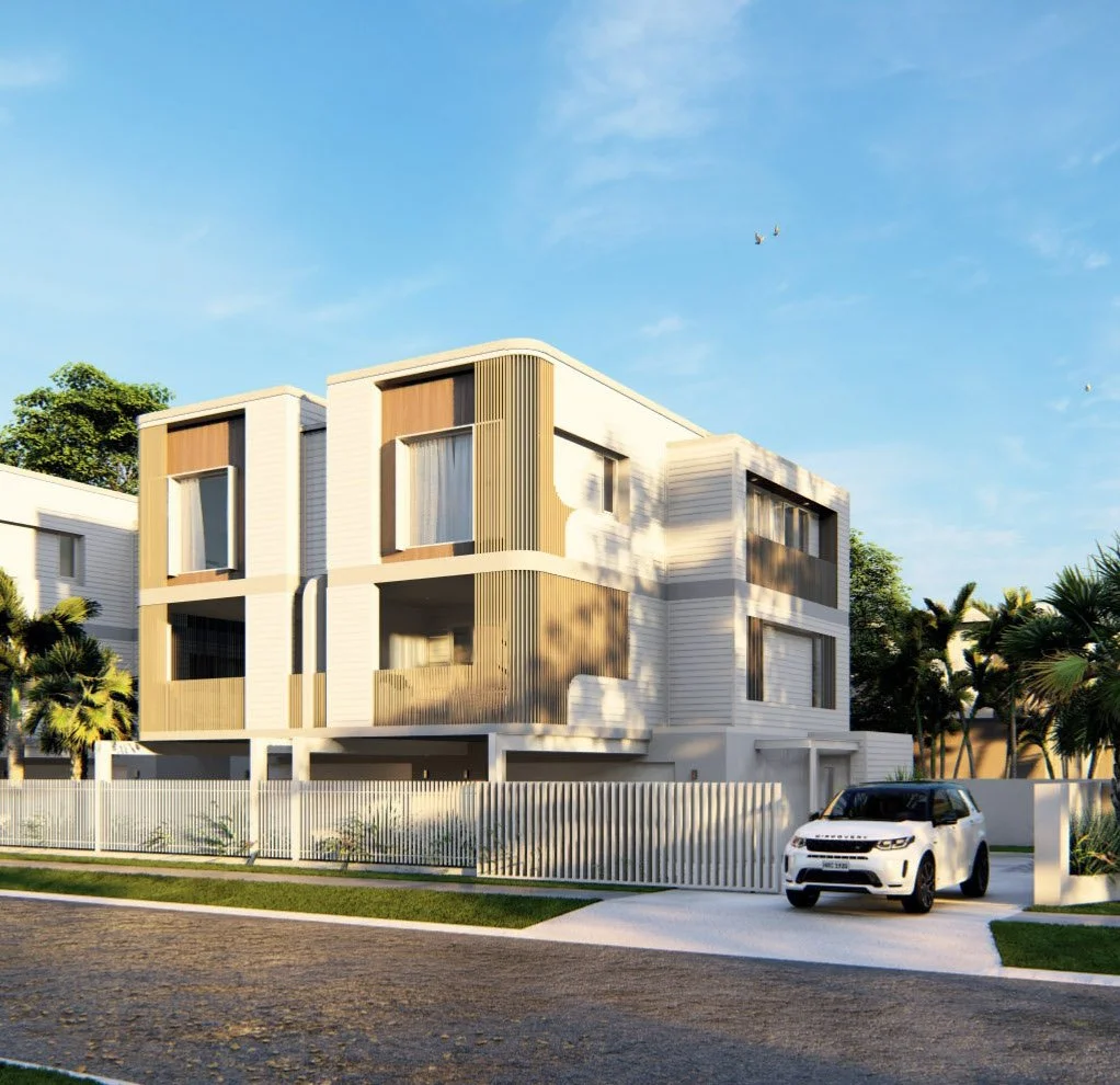 Modern white residential building with wooden accents, surrounded by palm trees, with a white Range Rover parked outside, under a blue sky.