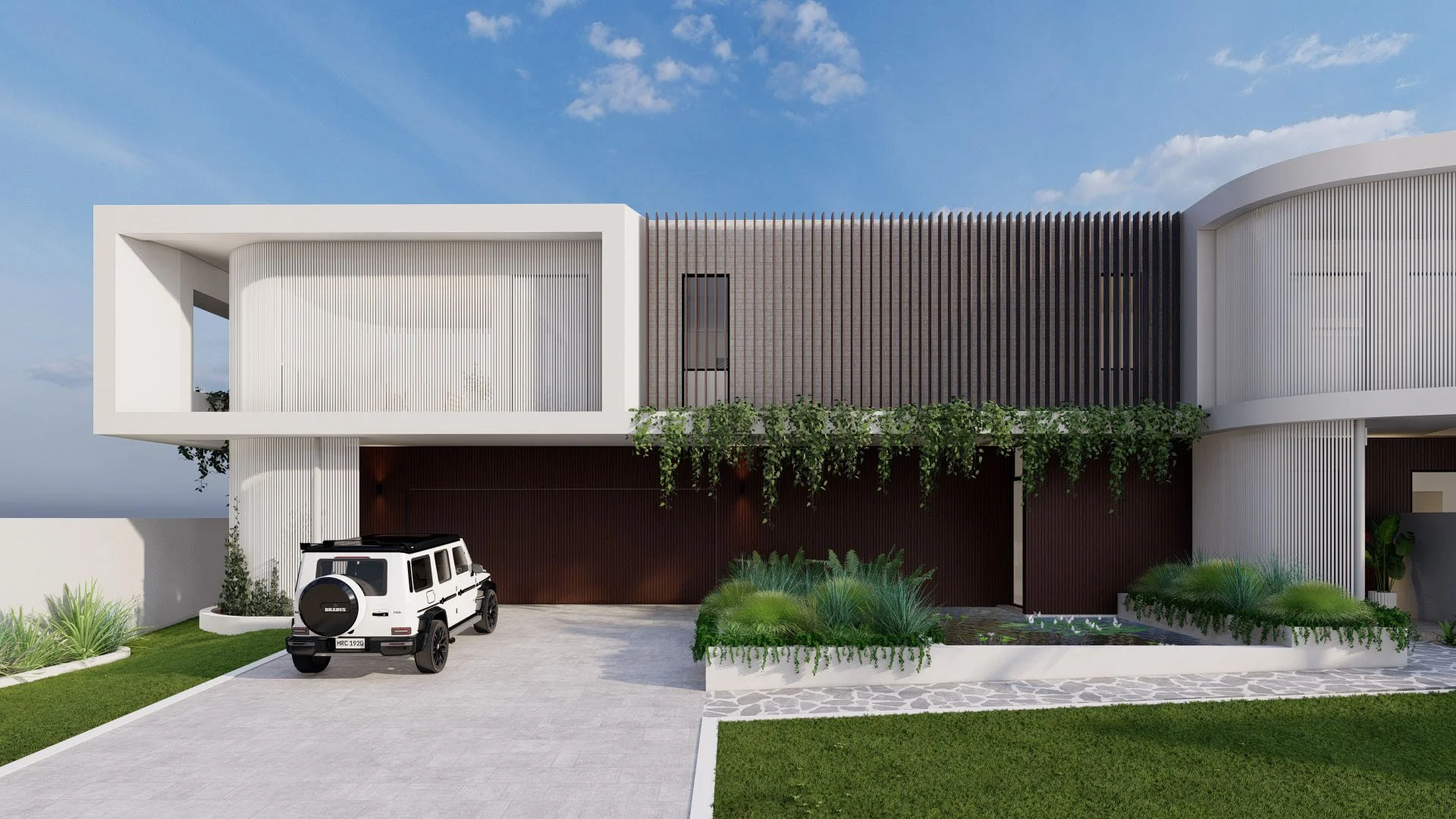 Modern two-story house with feature battens to create a response to the street facade