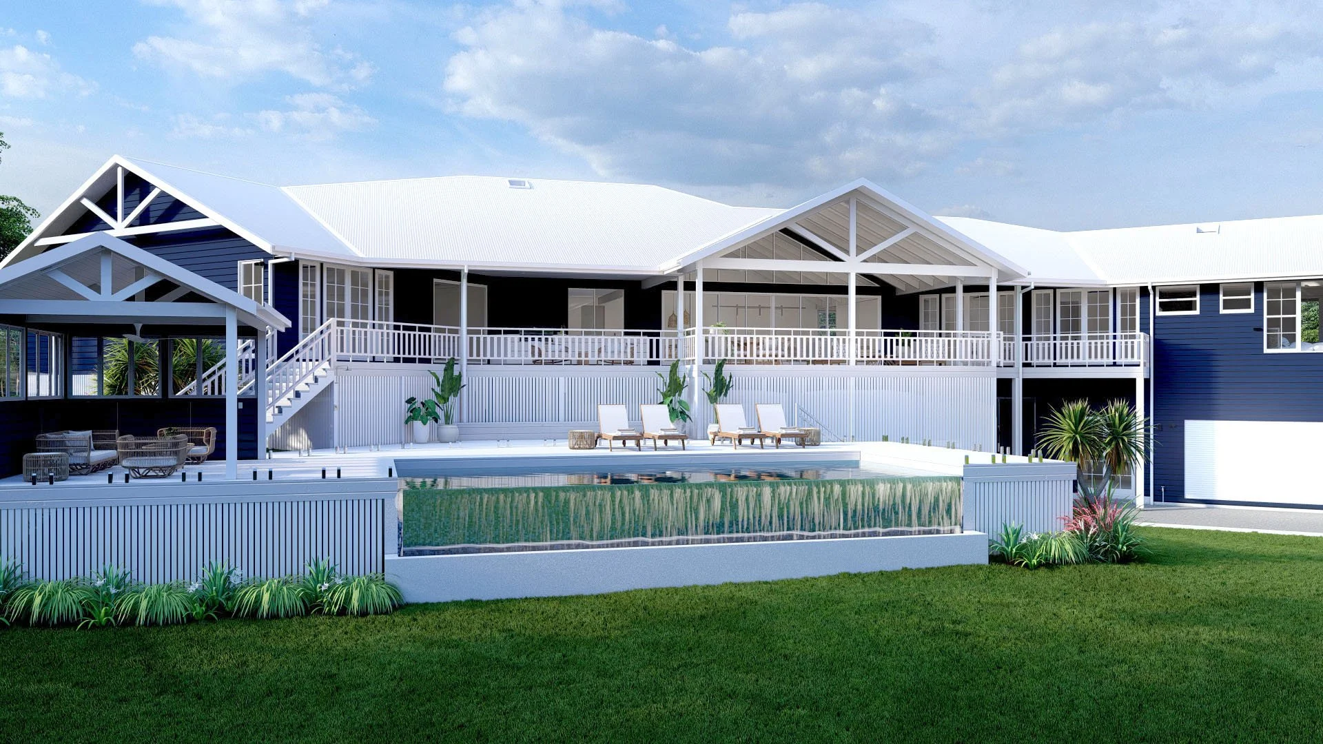 A contemporary country style two-story house with a infinity edge pool, featuring a weatherboard exterior, white trim, and a spacious deck connected to the interior living.