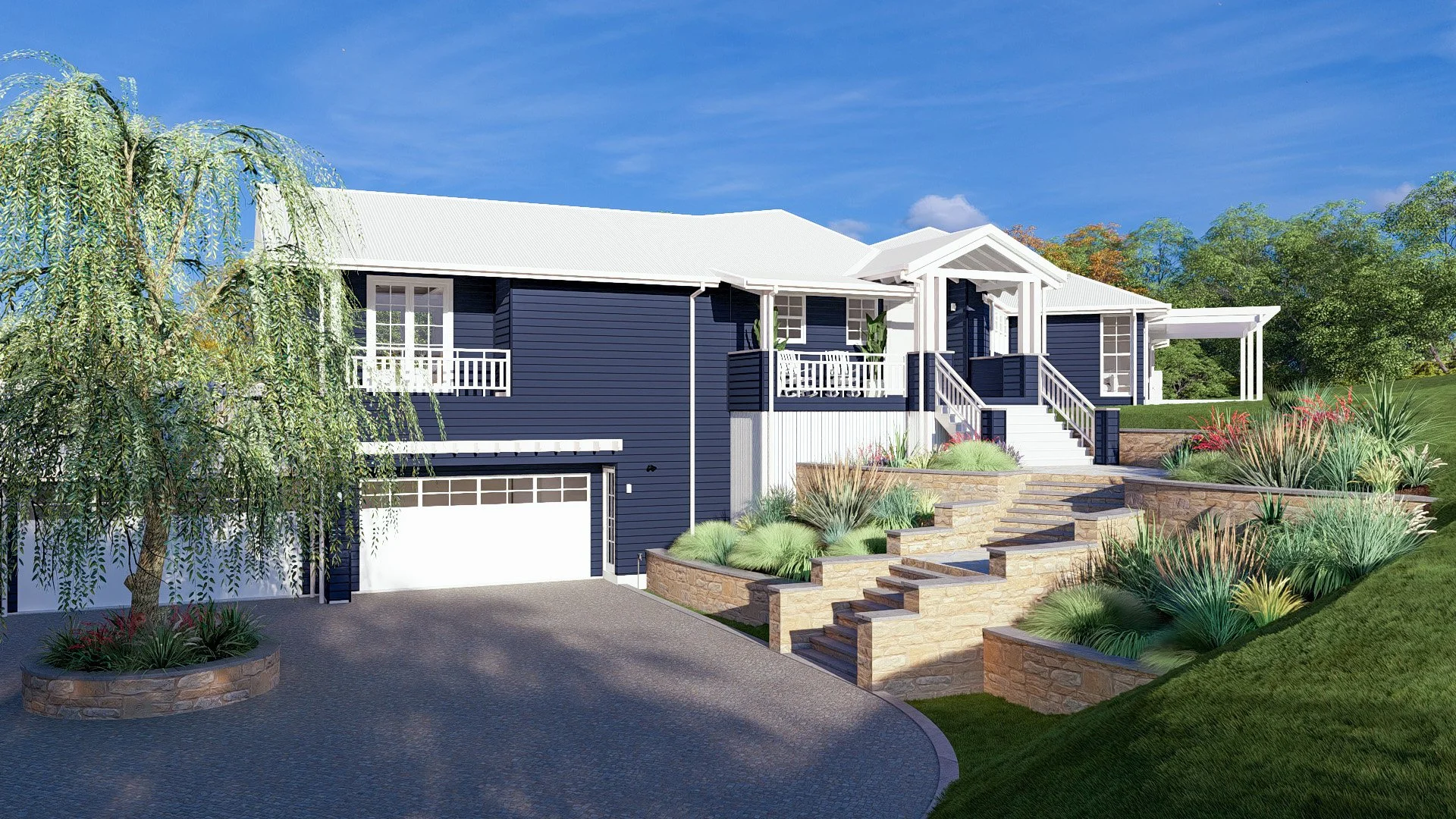 A modern two-story house with navy siding, white trim, and a metal roof. The house features a front porch, stairs, and a lush landscaped yard with a tree, plants, and stone retaining walls.