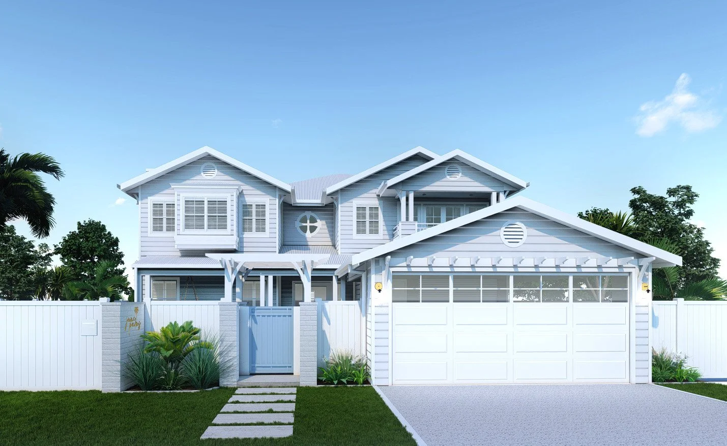 A modern two-story house with a white picket fence, surrounded by greenery, under a blue sky with few clouds. The house has a white and light blue exterior with multiple windows and a garage door.