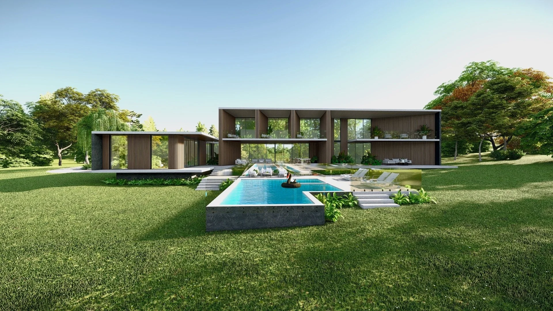 Modern house with large glass windows and doors, surrounded by green lawn and trees, with a swimming pool and outdoor lounge area in the backyard.