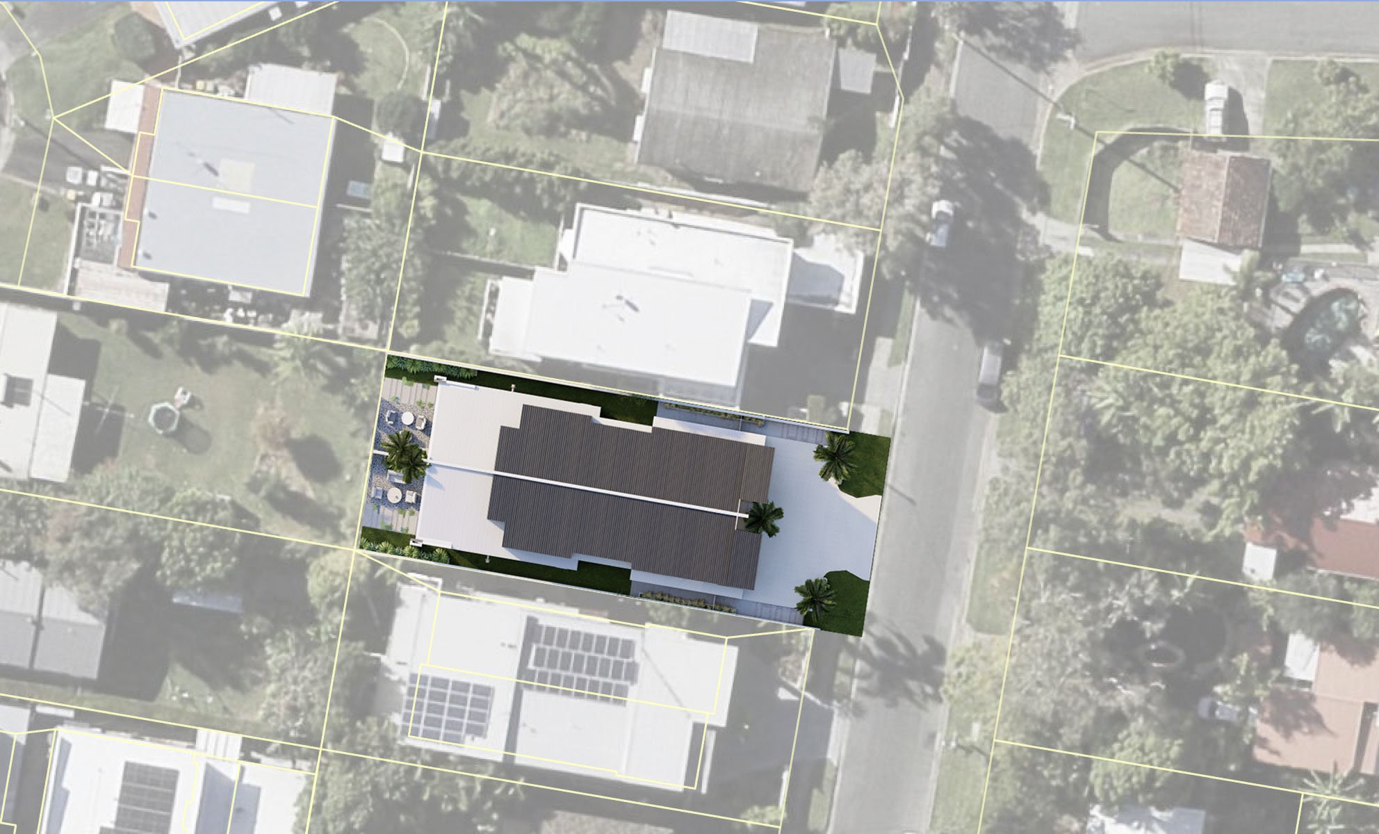 Aerial view of a residential neighborhood showing houses, trees, and a street with parked cars. The center house's property is outlined in yellow, featuring a modern design with a flat roof, outdoor seating area, and palm trees.