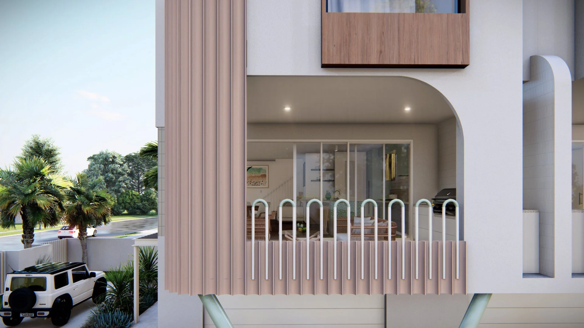 Modern outdoor balcony with a glass sliding door, wooden paneling, and outdoor furniture, overlooking a street with trees and a parked white SUV.