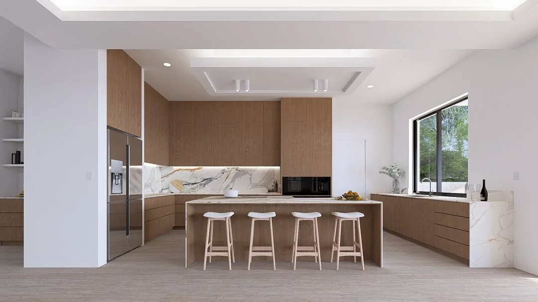Exploring kitchen interior design options for a high-end home in Wongawallan, where warm timber, natural stone and refined detailing come together to create a calm yet luxurious heart of the home. Subtle changes in layout and styling transform the sp