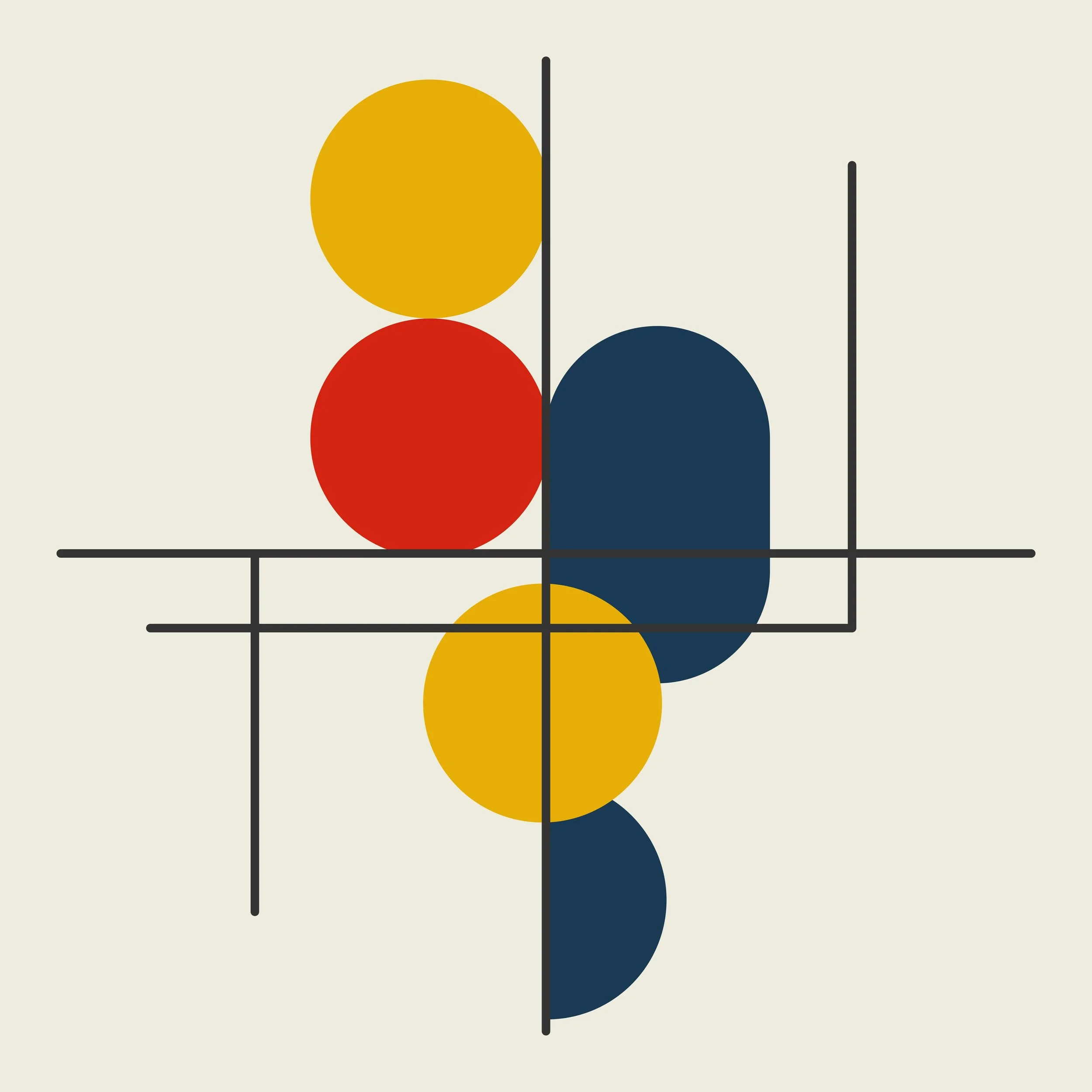 Abstract geometric artwork with multicolored circles and intersecting black lines on a beige background.