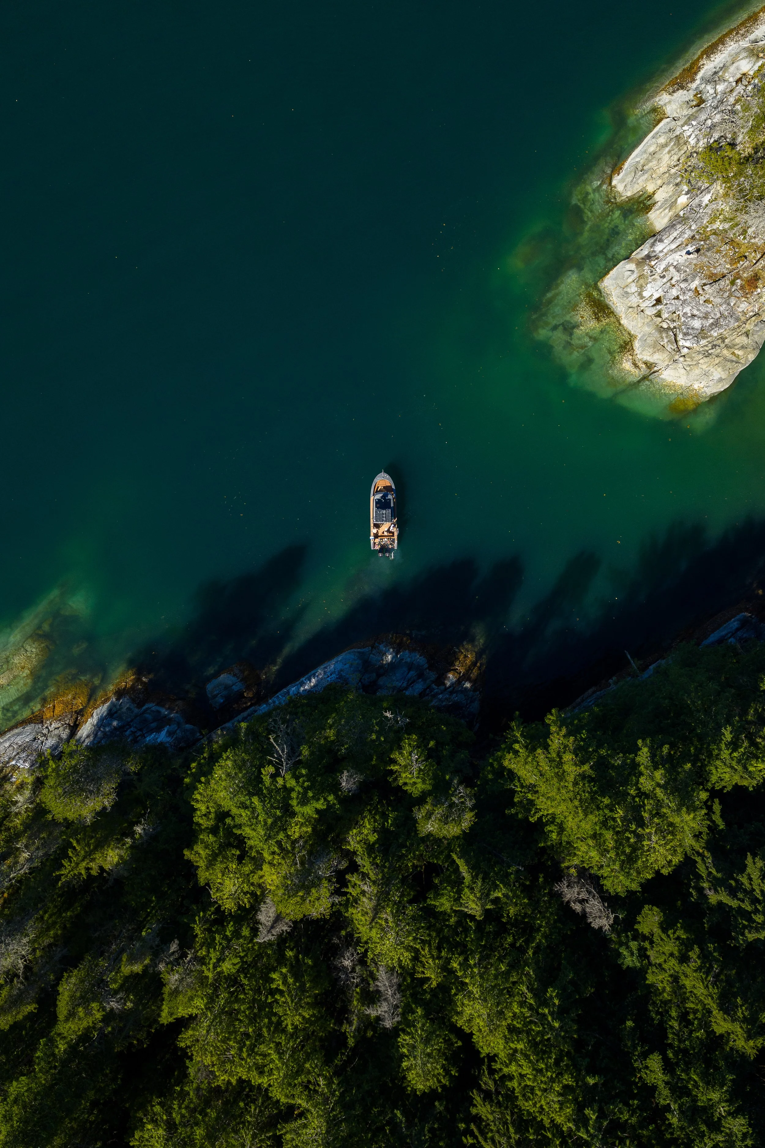 An aerial view of a boat in the water near a rocky shoreline, with dense green trees along the coast.