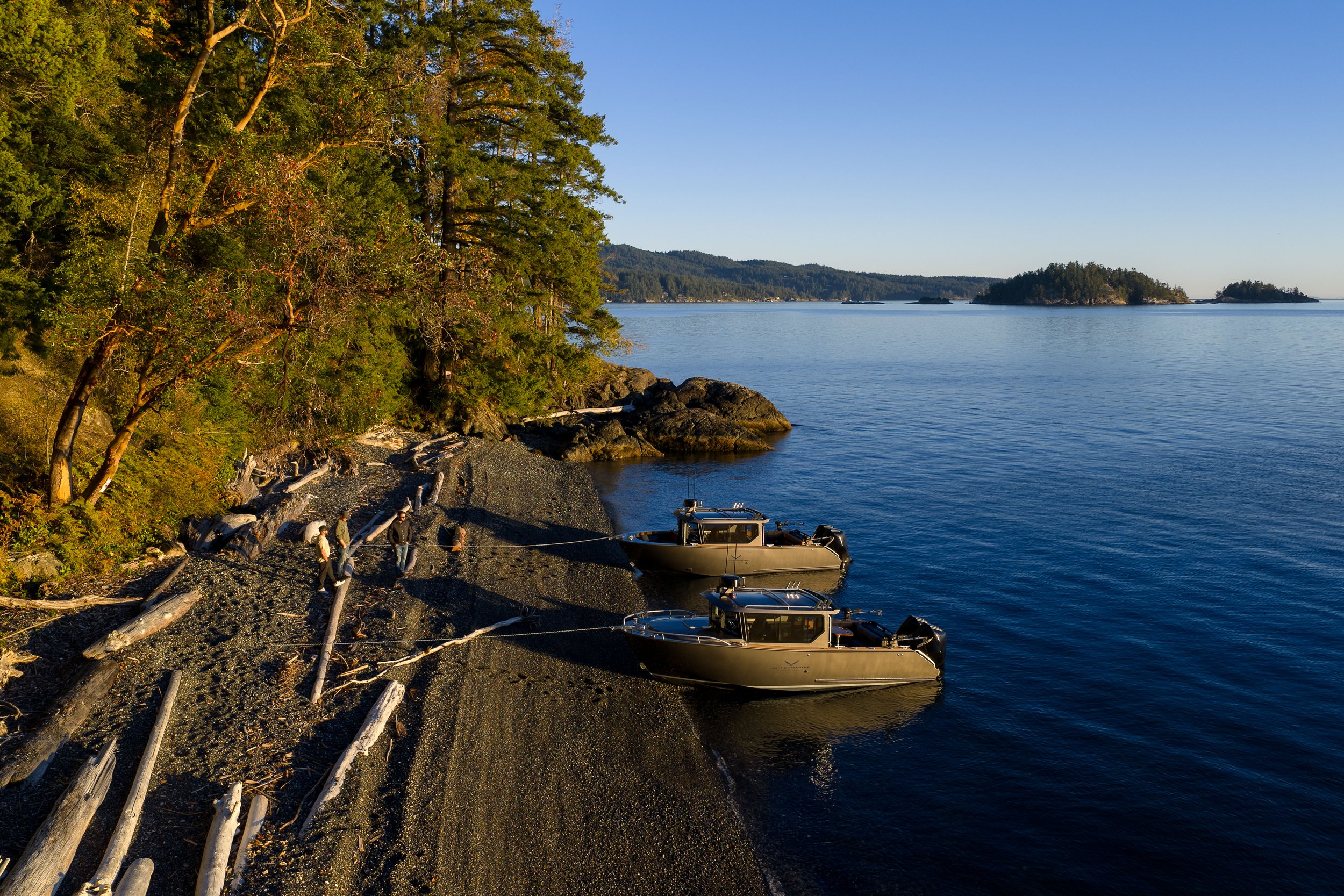 Two boats tied to a rocky shoreline with trees and driftwood, in a calm body of water with an island in the distance under a clear blue sky.