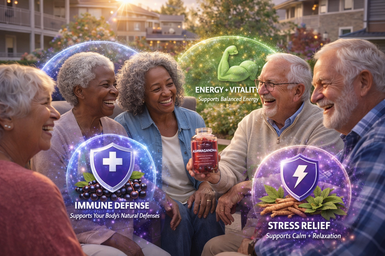 A group of five senior adults sitting outdoors, smiling and holding a jar of herbal supplement, with digital graphics of shield icons representing immune defense and stress relief, and text indicating benefits like energy, vitality, immune support, and stress reduction.
