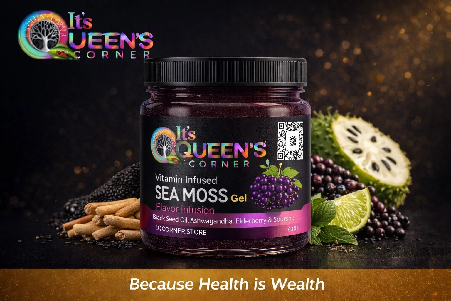 A jar of It’s Queen’s Corner Vitamin Infused Sea Moss Gel, with sea moss, black seed oil, elderberry, and soursop around it, along with a sliced soursop, lime, elderberry, and mint leaves, against a dark background with gold specks.