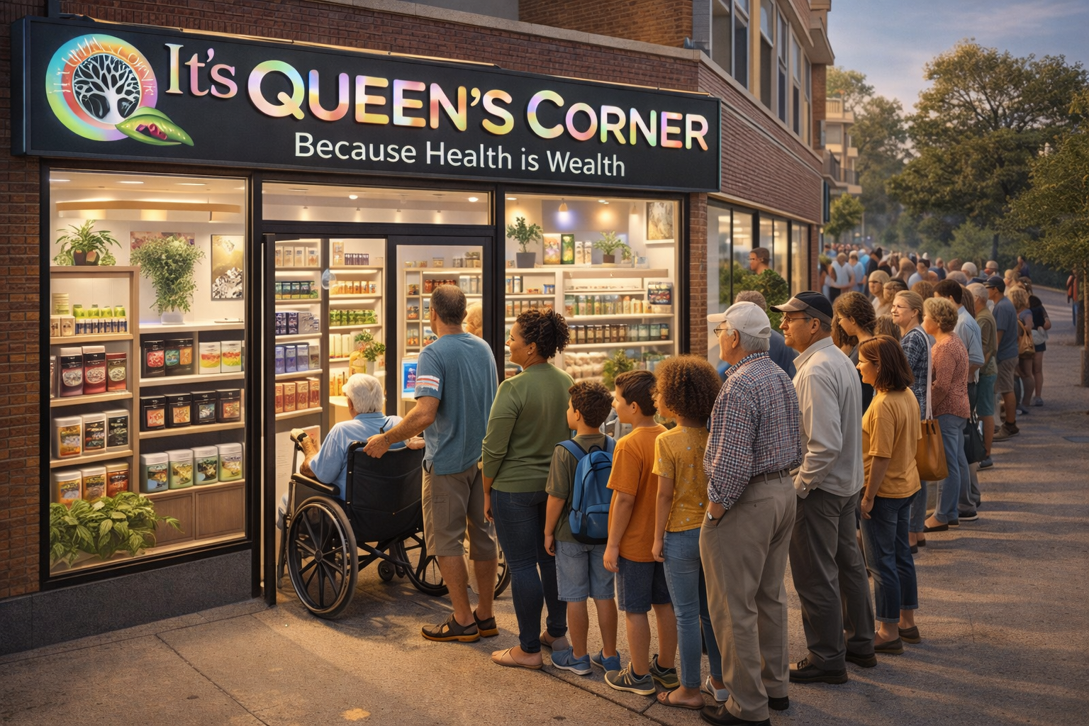People standing in line outside a store called It's Queen's Corner, which sells health and wellness products. The store has a colorful sign and window display of various health items.