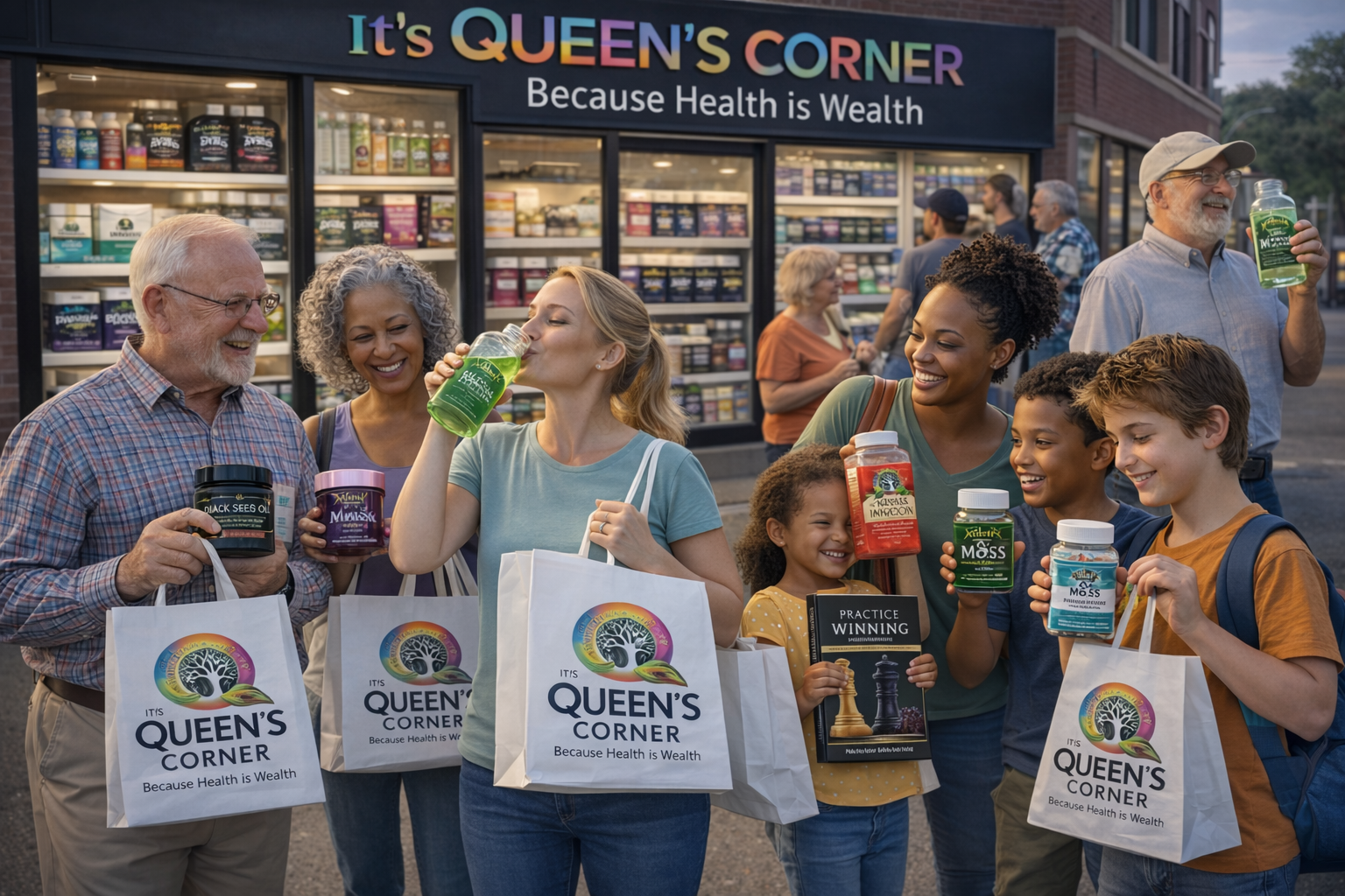 A diverse group of people shopping outside a health supplement store called It's Queen's Corner, smiling, and holding various herbal supplement bottles and shopping bags with the store's logo.
