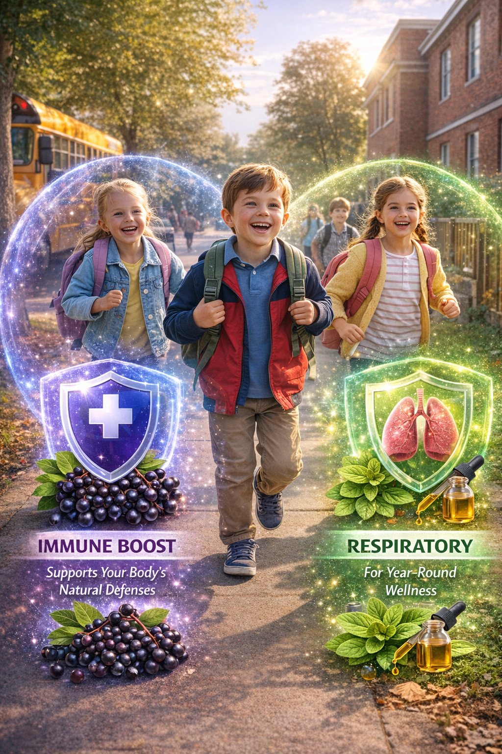 Children walking outside with digital overlays of health symbols. Left side shows a shield with a cross, blueberries, and text about immune boost. Right side shows a shield with lungs, plants, and essential oils, emphasizing respiratory wellness.